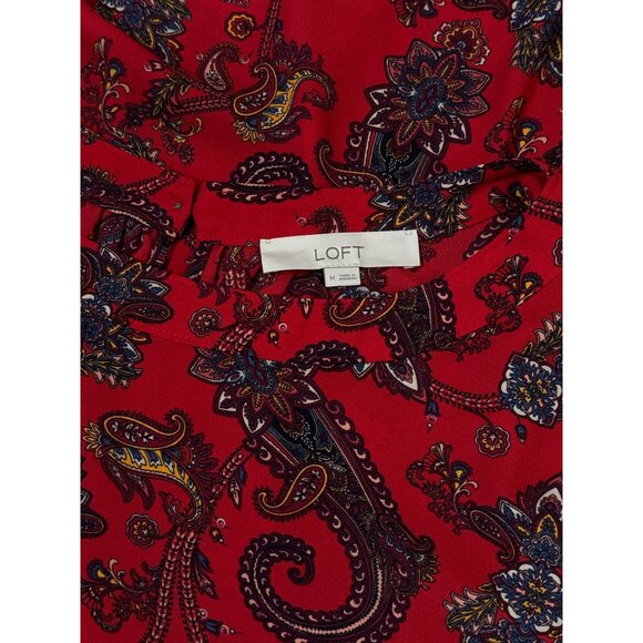 Loft Womens Blouse Size M Red Paisley Boatneck Long Sleeve Boho Artsy Maximalism - Picture 7 of 7